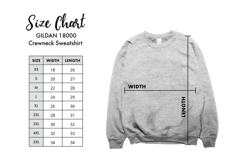 May include: Size chart for a Gildan 18000 crewneck sweatshirt. The chart shows the width and length measurements in inches for sizes XS to 5XL.