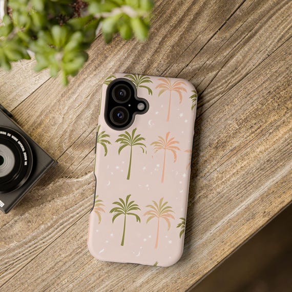 Magnetic Phone Case, Peach and Sage Palm Trees on Pale Pink