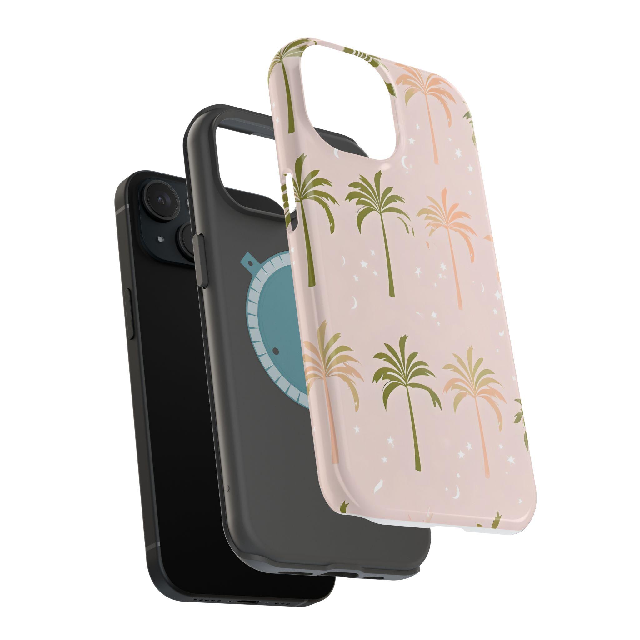Magnetic Phone Case, Peach and Sage Palm Trees on Pale Pink