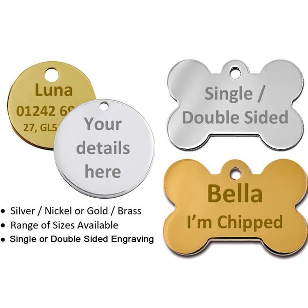 Personalised Round / Bone Engraved Dog ID Name Tag Small / Large Pet / Cat Tag in Silver or Brass, with FREE High Quality Engraving