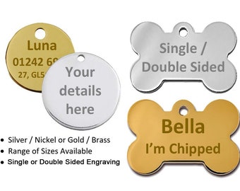 Personalised Round / Bone Engraved Dog ID Name Tag Small / Large Pet / Cat Tag in Silver or Brass, with FREE High Quality Engraving