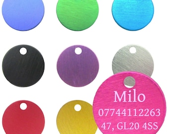 22mm Anodised Dog / Cat / Pet Tag ID Personalised Engraved Name, Address, Phone number etc. Can be engraved both sides.