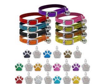 Genuine Leather Cat Collar with Safety Elastic, Bell & Personalised 27mm Glitter Paw Print Tag Set - with FREE ENGRAVING