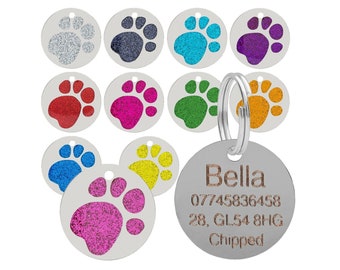 Personalised Engraved Dog Cat Pet Tag Collar ID Tags 25mm Glitter Paw Print Customised Puppy Kitten Luxury Name Label