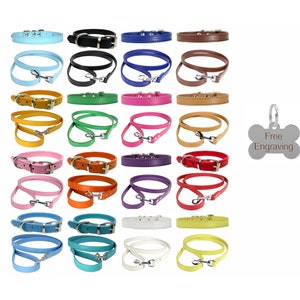 May include: A selection of dog collars and leads in a variety of colours, such as blue, black, purple, brown, green, pink, and orange. Each set has a metal buckle and leash clip. A silver dog bone tag with "Free Engraving" is also shown.