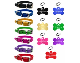 Vibrant Leather Dog Collar - For Small, Medium, Large, Extra Large Pet WITH Personalised Engraved Colourful Bone Tag