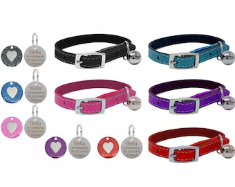 Genuine Leather Cat/Kitten Bright Pet Collar with Safety Elastic, Bell & Personalised Engraved Heart Glitter Tag