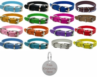 Vibrant Leather Dog Collar for Puppy, Dogs - For Small, Medium & Large Pet Collars with Personalised Engraved Silver Round Tag