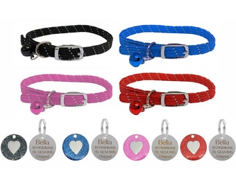 Reflective Softweave Cat/Kitten Pet Collar with Safety Elastic, Bell & Personalised Engraved Heart Glitter Tag