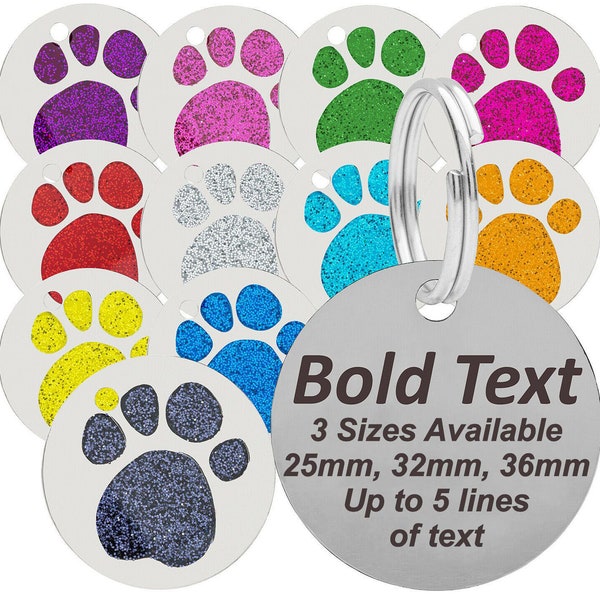 Personalised Engraved Round Glitter Paw Print with BLACK BOLD Lettering Dog/Cat Pet ID Tag in a Range of Colours & Sizes Small / Large