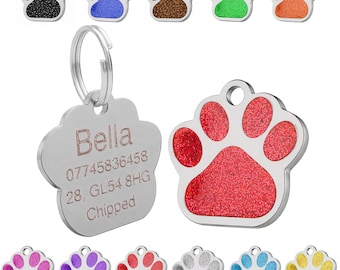 Personalised Engraved Dog Cat Pet Tag Collar ID Tags 27mm Paw Shaped Glitter Paw Print Customised Puppy Kitten Luxury Name Label