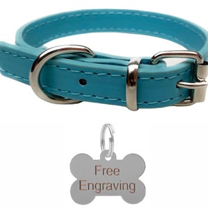 Vibrant Leather Dog Collar for Puppy, Dogs - For Small, Medium & Large Pet Collars with Personalised Engraved Bone Shaped Tag Sky Blue