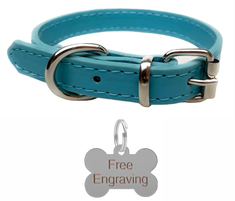 Vibrant Leather Dog Collar for Puppy, Dogs - For Small, Medium & Large Pet Collars with Personalised Engraved Bone Shaped Tag Sky Blue