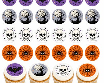 Halloween Edible Cupcake Toppers – 24 Pre-Cut 4cm Wafer Paper Cake Decorations, Bat, Graveyard, Skull & Spider Designs for Halloween Parties