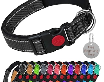 Reflective Dog Soft Padded Nylon Collar | Slide Lock Safety Buckle | Fully Adjustable With Personalised Engraved Round Silver Tag