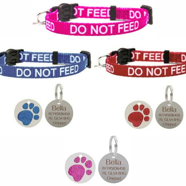 Cat / Kitten Do Not Feed Collar with Safety Release & Bell. Ideal for Cats or Kittens, Fully Adjustable - Optional Personalised Engraved Tag