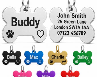 Personalised Dog Tag, Deep Engraved Bone Pet ID Tag, Name + 2 Icons, 4 Lines Back, Puppy Doggy Collar Name Tag, 9 Colours, Pet Gift for Dogs