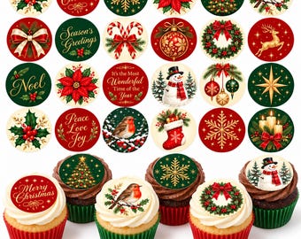 May include: A collection of circular Christmas-themed stickers featuring designs like holly, poinsettias, snowmen, reindeer, and ornaments, with text including Merry Christmas, Season's Greetings, and It's the Most Wonderful Time of the Year.