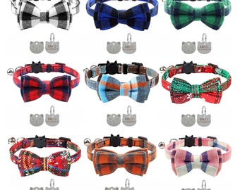 Cat Collar with Bell, Soft Tartan Design, Bow Tie Quick Release Safety Buckle Collars + Cat Face Tag