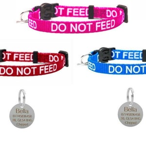May include: Two dog collars with the text "Do Not Feed" in white on a red and blue background. Each collar has a silver tag with the name "Bella" and contact information.