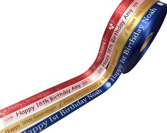 Personalised Printed Luxury Ribbon - 15mm Wide, Customised Text, Various Lengths, Text Colours, Ideal for Birthdays, Weddings, Christmas Etc