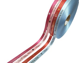Personalised Printed Luxury Ribbon - 10mm Wide, Customised Text, Various Lengths, Text Colours, Ideal for Birthdays, Weddings, Christmas Etc