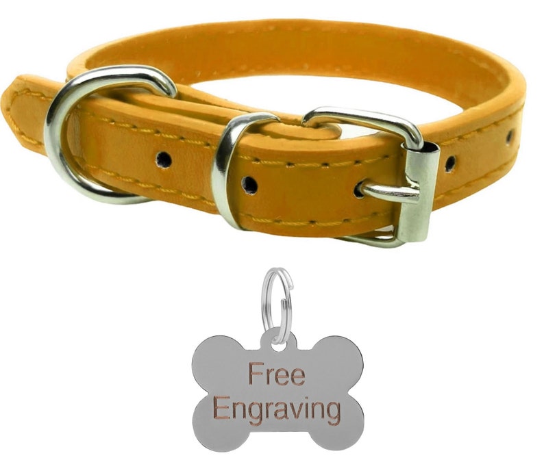 May include: Mustard yellow leather dog collar with a silver-colored buckle and D-ring. Includes a silver-colored bone-shaped tag with the words "Free Engraving". The collar is designed for small to medium-sized dogs.