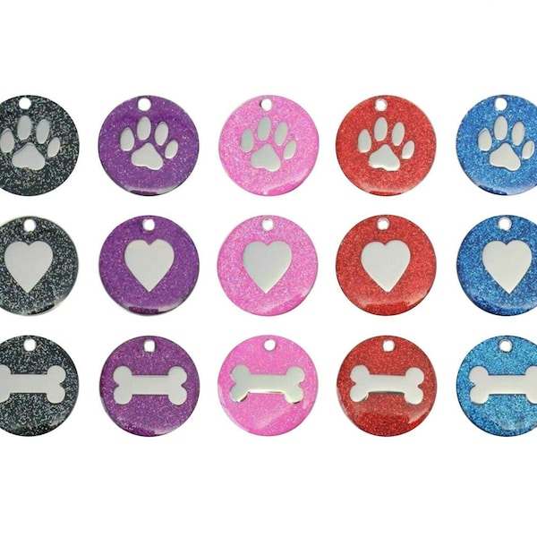 Dog Cat Pet Tag Engraved Reflective Collar ID Tags 25mm Glitter Various Designs Paw, Heart, Bone Design