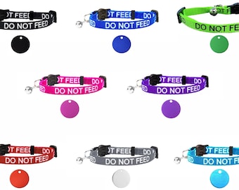 Cat Collar With "Do Not Feed" Print - Soft Nylon & Safety Release Buckle - With Personalised Engraved 22mm Anodised ID Pet Tag
