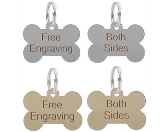 Dog Bone ID Tag Personalised Engraved Silver Or Brass 38mm Puppy Collar Chipped Dog Tags - FREE ENGRAVING on Both Sides