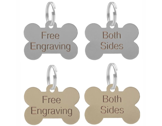 Dog Bone ID Tag Personalised Engraved Silver Or Brass 38mm Puppy Collar Chipped Dog Tags - FREE ENGRAVING on Both Sides