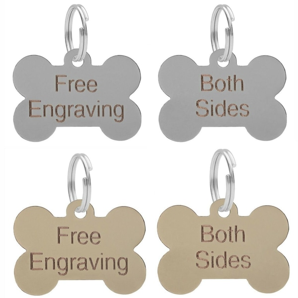 Dog Bone ID Tag Personalised Engraved Silver Or Brass 38mm Puppy Collar Chipped Dog Tags - FREE ENGRAVING on Both Sides