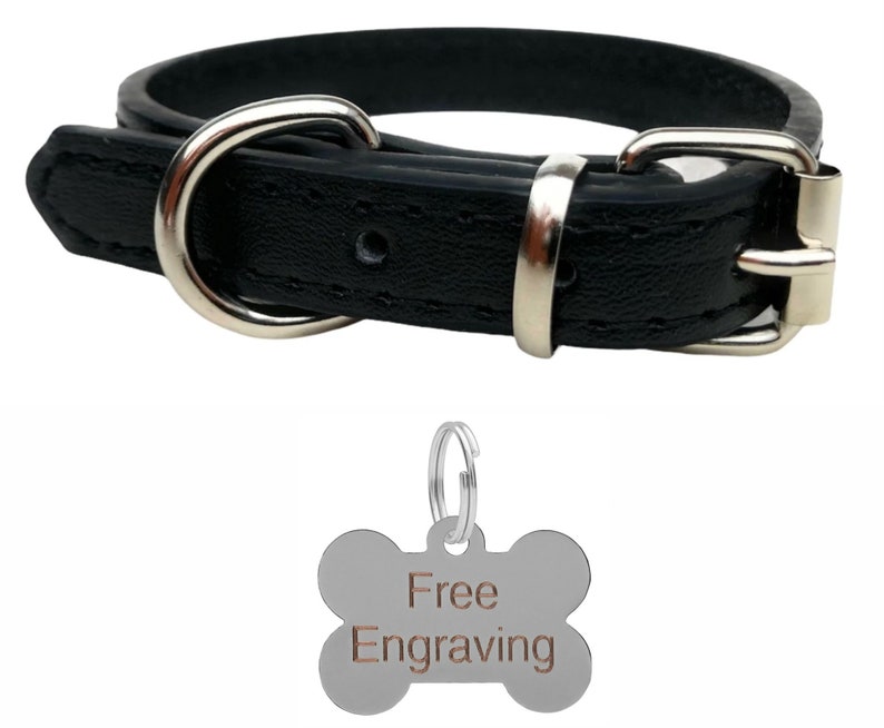 May include: Black leather dog collar with a silver buckle and D-ring. Includes a silver bone-shaped tag with the words "Free Engraving". The collar is designed for pets.
