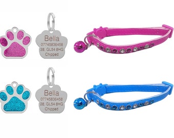 Cute Leather Cat Collar with Sparkly Bling Diamond Effect Stones, Quick Release, Bell & Personalised Engraved 27mm Glitter Paw Shaped ID Tag