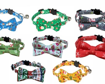 New Festive Christmas Cat Collar with Bow Tie, Quick Release Safety Buckle & Bell - Pet Xmas Present