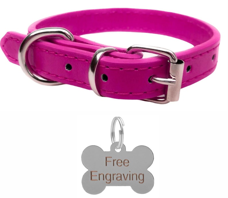 May include: A bright pink dog collar with a silver buckle and hardware. Includes a bone-shaped tag with the words "Free Engraving". The collar is made of a smooth material and is designed for pets.