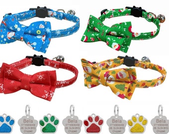 Festive Christmas Cat Collar with Bow Tie, Quick Release Safety Buckle & Bell and Personalised Engraved 27mm Glitter Paw Shape Pet Tag