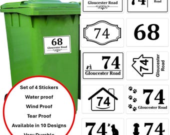 Set of 4 x Wheelie Bin Stickers House Numbers for Wheelie Bins Personalised House Number Street Name