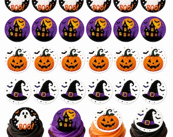 Pack of 24 Halloween Edible Cupcake Toppers, 4 Spooky Designs, 4cm Wafer Paper Cake Decorations for Halloween Parties, Fairy Cakes, Biscuits