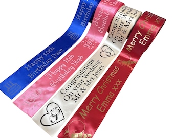 Personalised Printed Luxury Ribbon- 100mm Wide, Customised Text, Various Lengths, Text Colours, Ideal for Birthdays, Weddings, Christmas Etc