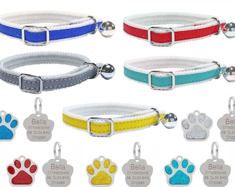 Reflective Felt Backed Cat Collar with Safety Elastic, Bell & Personalised 27mm Glitter Paw Print Tag Set - with FREE ENGRAVING