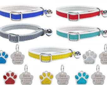 Reflective Felt Backed Cat Collar with Safety Elastic, Bell & Personalised 27mm Glitter Paw Print Tag Set - with FREE ENGRAVING