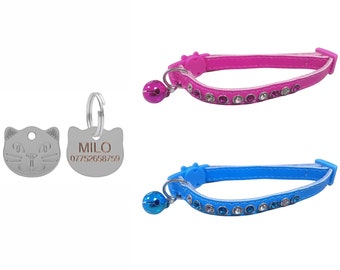 Cute Leather Cat Collar with Sparkly Bling Diamond Effect Stones, Quick Release, Bell in Blue or Pink & Personalised Engraved Cat Face Tag