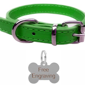 May include: A bright green dog collar with a silver buckle and hardware. Includes a silver bone-shaped tag with the words "Free Engraving". The collar is made of a smooth material and is designed for pets.