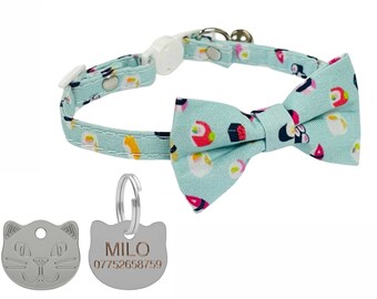 Cute Sushi Cat Collar in Mint with Bow Tie, Quick Release Safety Buckle & Bell for all size Cats with Personalised Engraved Cat Face Tag