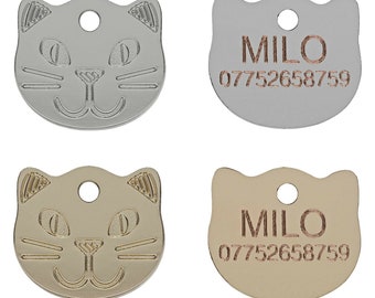 Cat Face Shape ID Tag, Pet Tags, 22mm Cat / Kitten Design Engraved Free, Brass Or Nickel Cat Tag