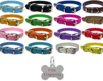 Vibrant Leather Dog Collar for Puppy, Dogs - For Small, Medium & Large Pet Collars with Personalised Engraved Bone Shaped Tag