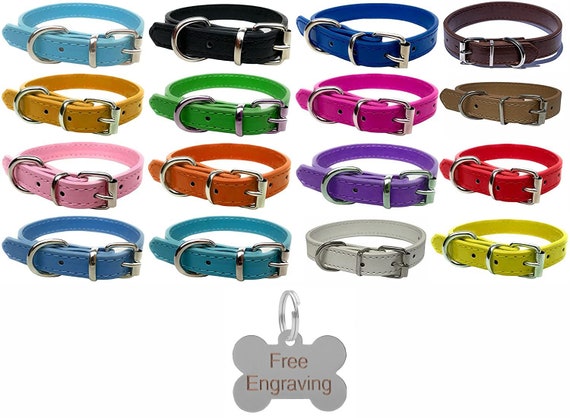 Vibrant Leather Dog Collar for Puppy, Dogs - For Small, Medium & Large Pet Collars with Personalised Engraved Bone Shaped Tag
