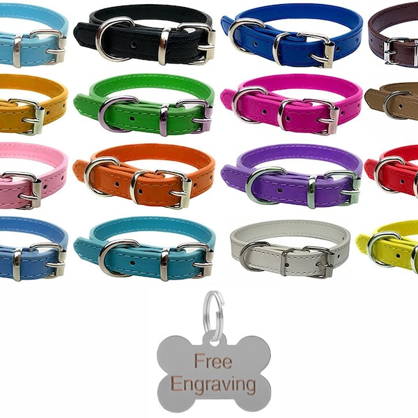 Vibrant Leather Dog Collar for Puppy, Dogs - For Small, Medium & Large Pet Collars with Personalised Engraved Bone Shaped Tag