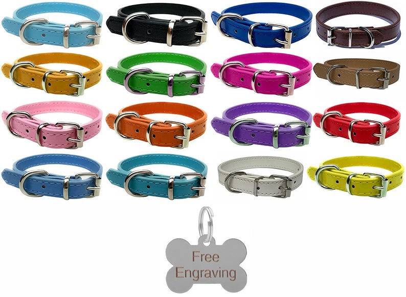 May include: A collection of colorful dog collars in various shades, including blue, black, yellow, green, pink, and red. Each collar has a silver-colored buckle and a D-ring. A silver bone-shaped tag with the text "Free Engraving" is also included.